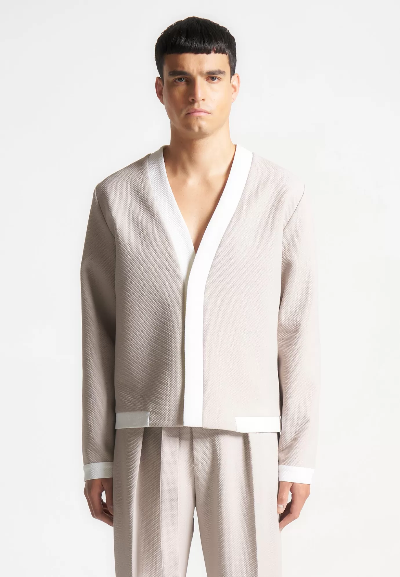 Shop Textured Contrast Cardigan - Stone/White Jackets