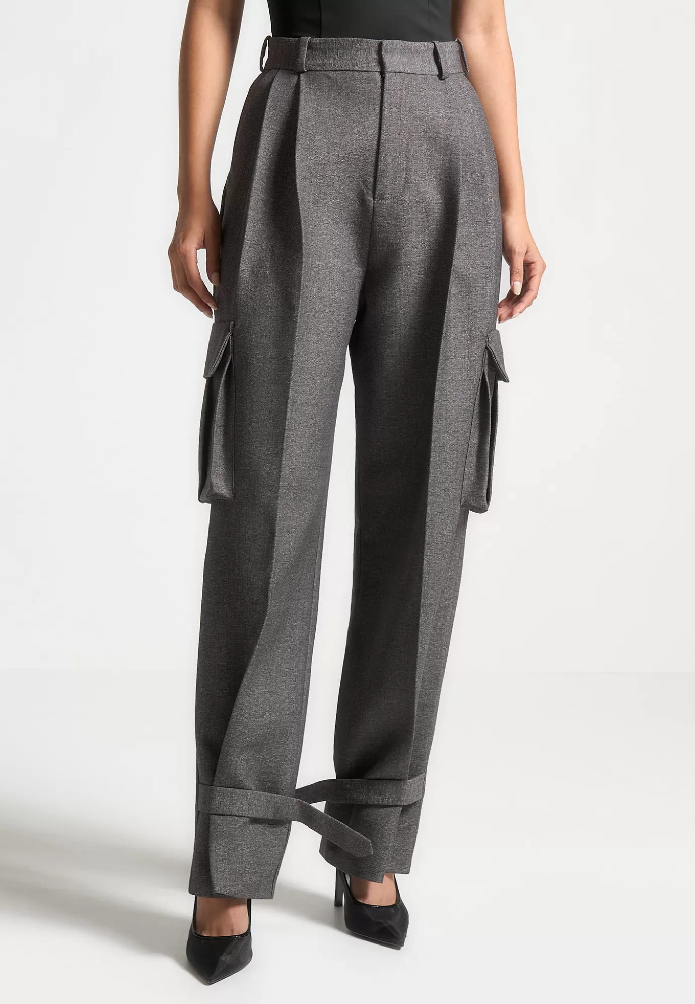 Outlet Textured Tailored Pleated Cargo Trousers - Grey Suits