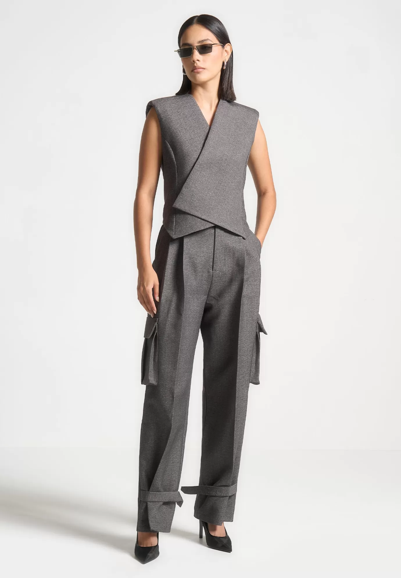 Outlet Textured Tailored Pleated Cargo Trousers - Grey Suits