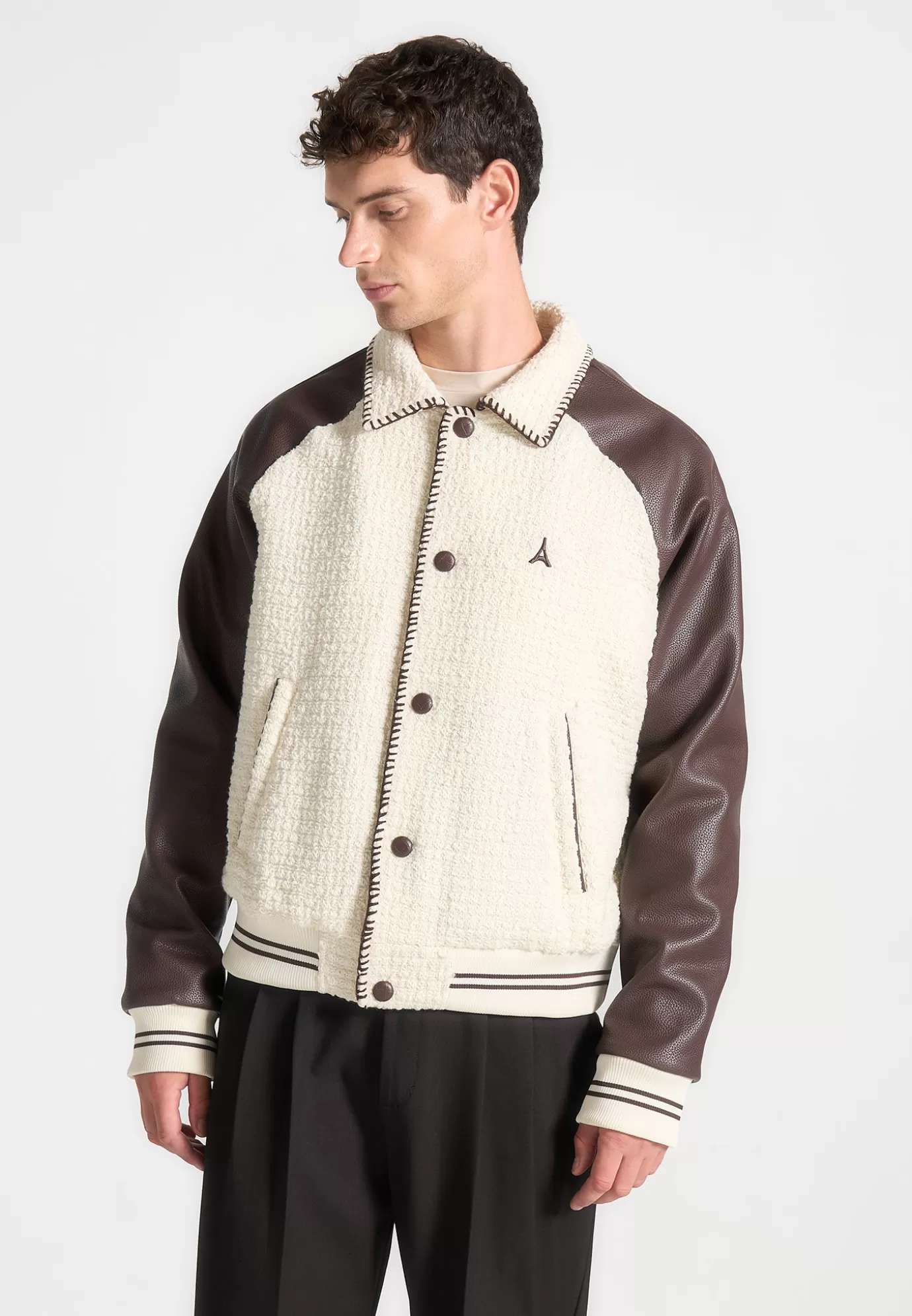 Fashion Tweed u0026 Leather Varsity Jacket - Cream/Brown Jackets