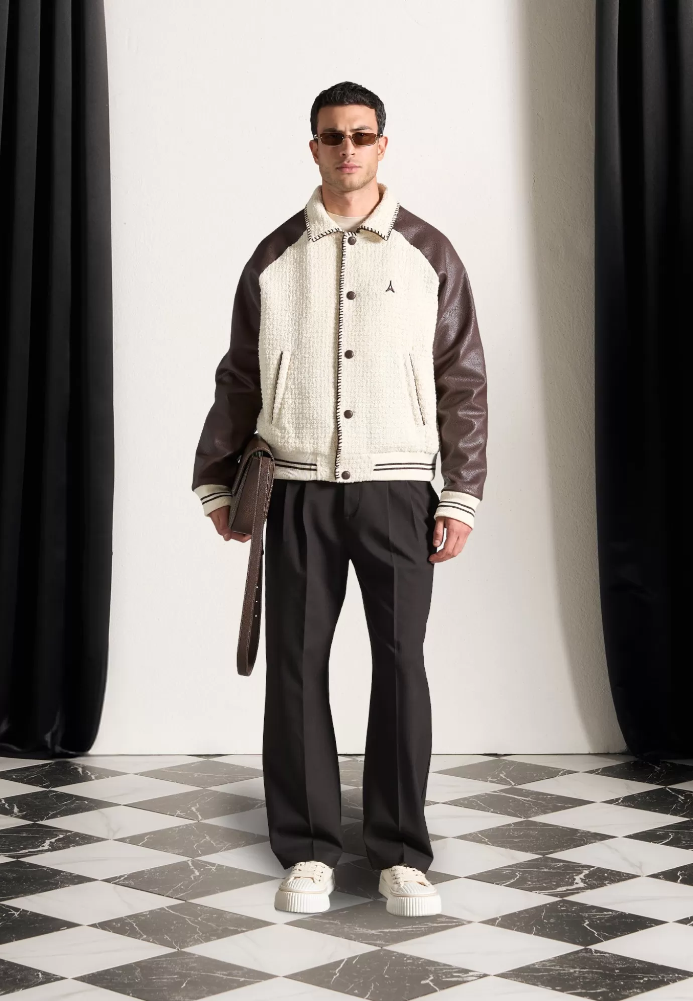 Fashion Tweed u0026 Leather Varsity Jacket - Cream/Brown Jackets