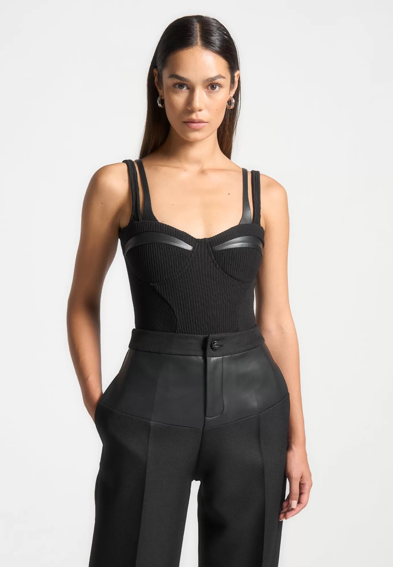 Online Twin Strap Ribbed Bodysuit - Bodysuits