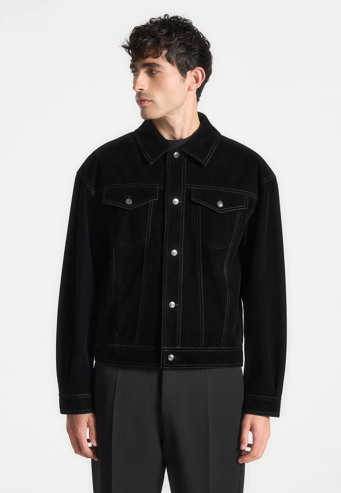 Cheap Velvet Contrast Stitch Trucker Jacket - Jackets