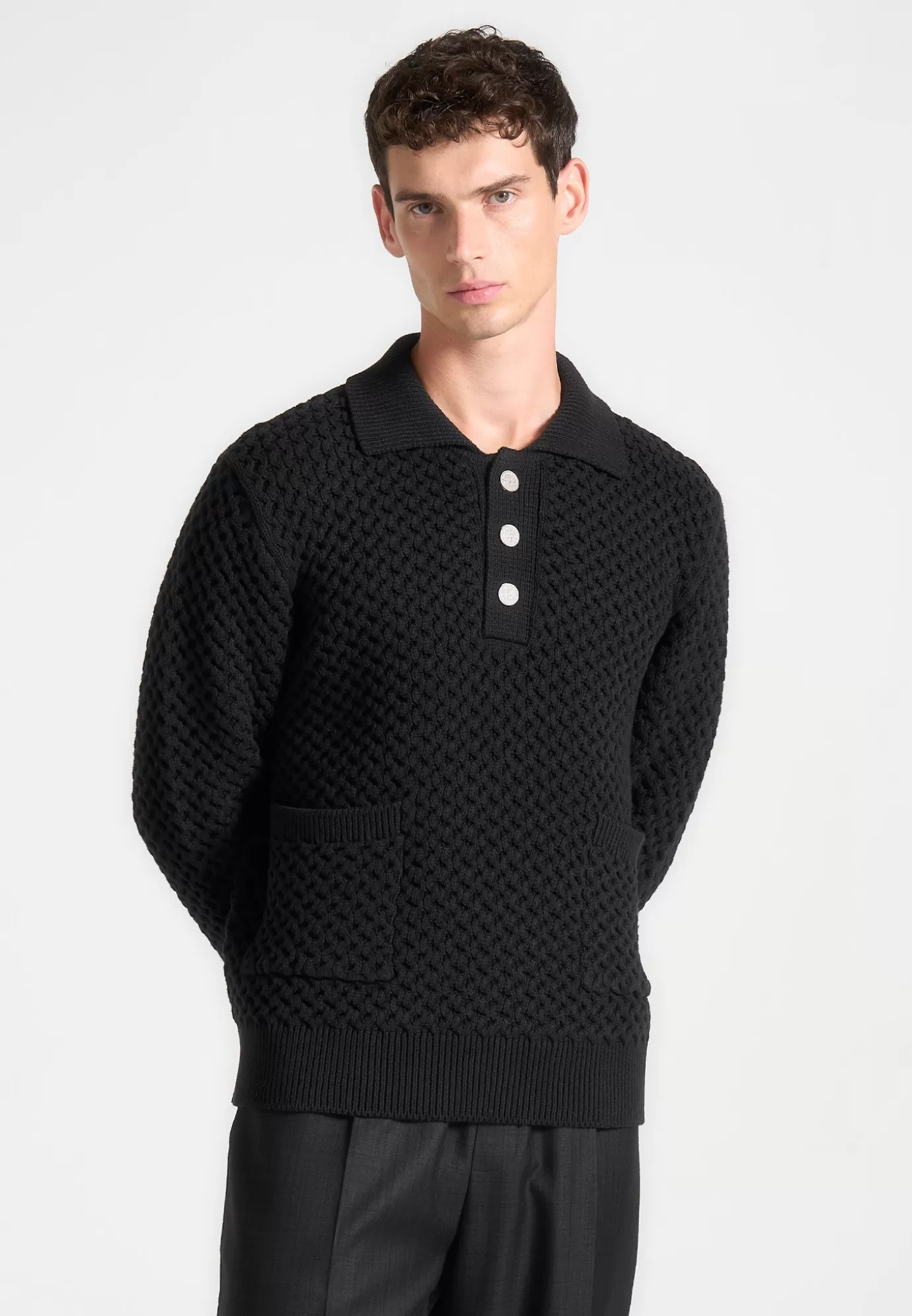 Cheap Waffle Knit Polo Jumper - Knitwear