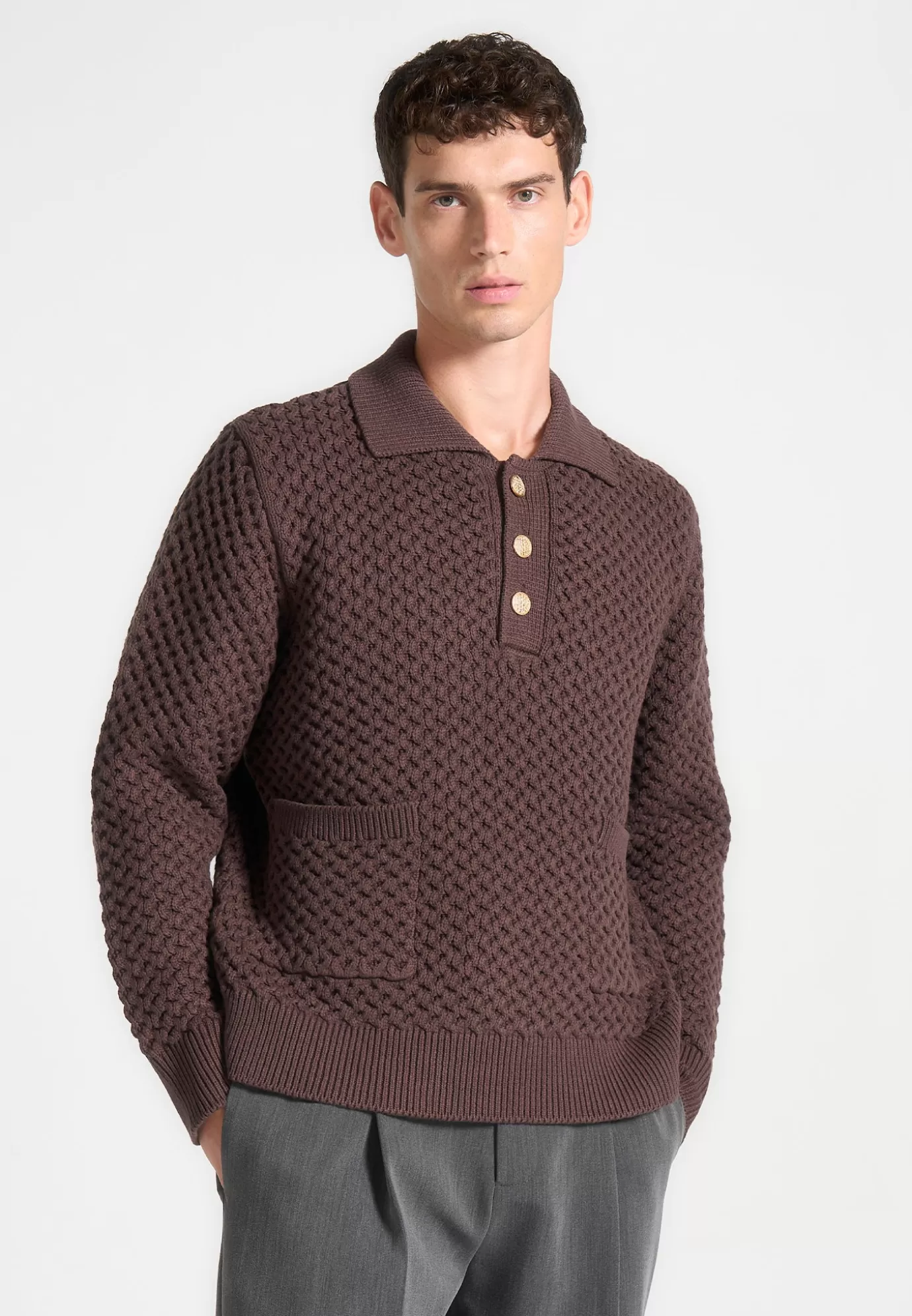 Discount Waffle Knit Polo Jumper - Knitwear