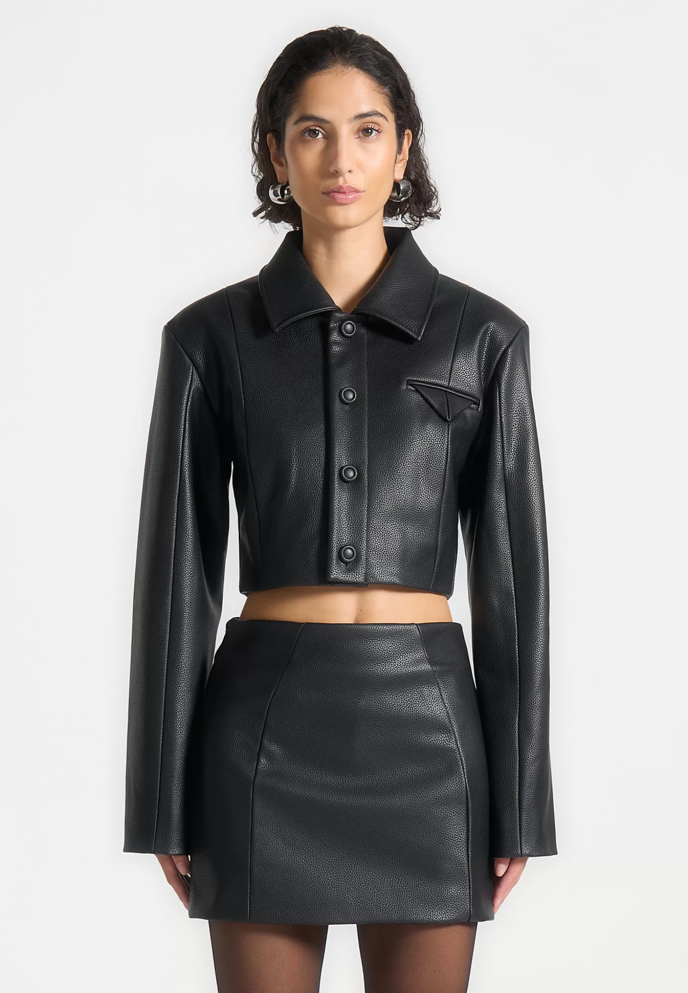 Clearance Wide Shoulder Pebbled Leather Jacket - Jackets