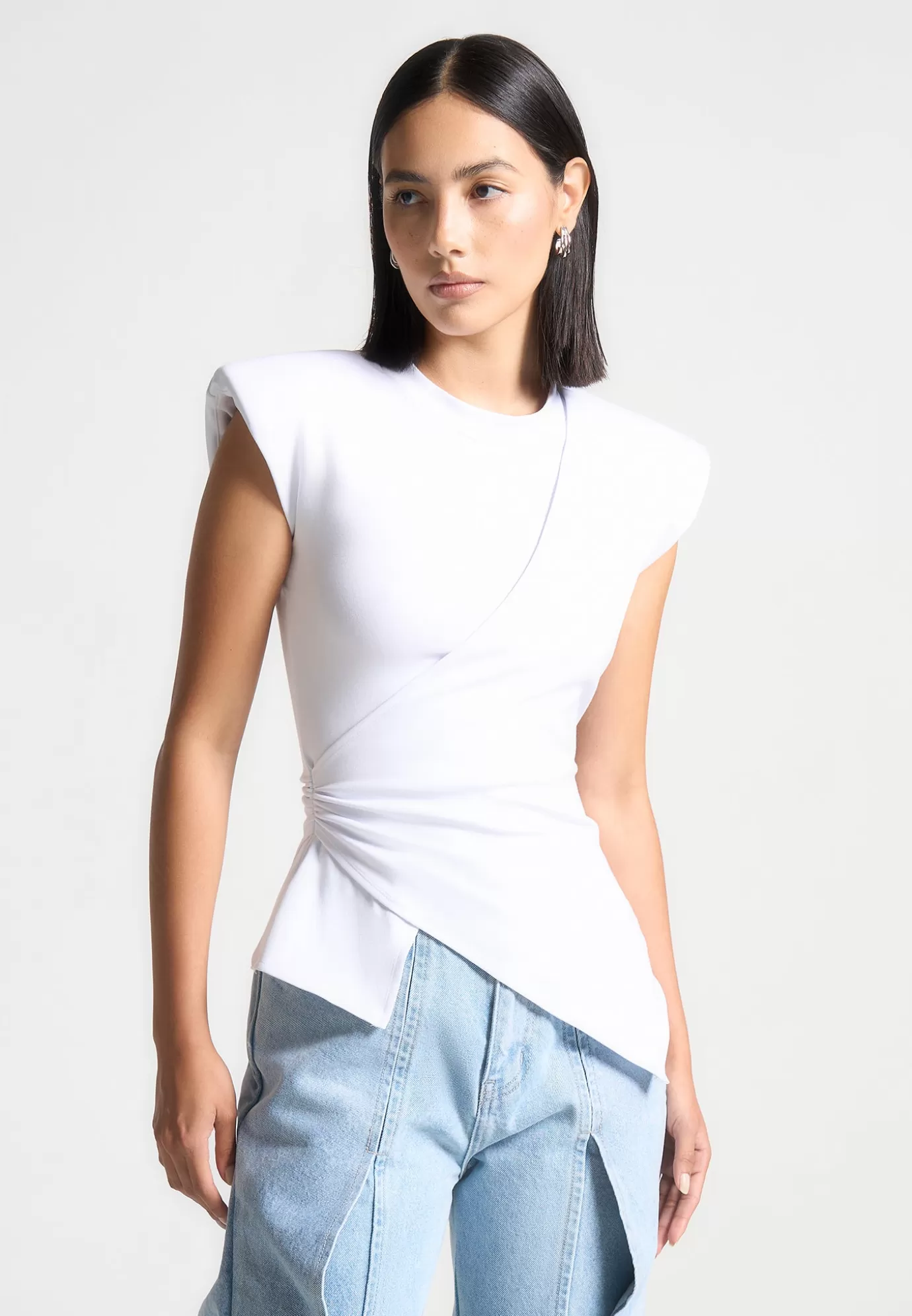 Outlet Wide Shoulder Ruched Waist Top - Tops & T Shirts