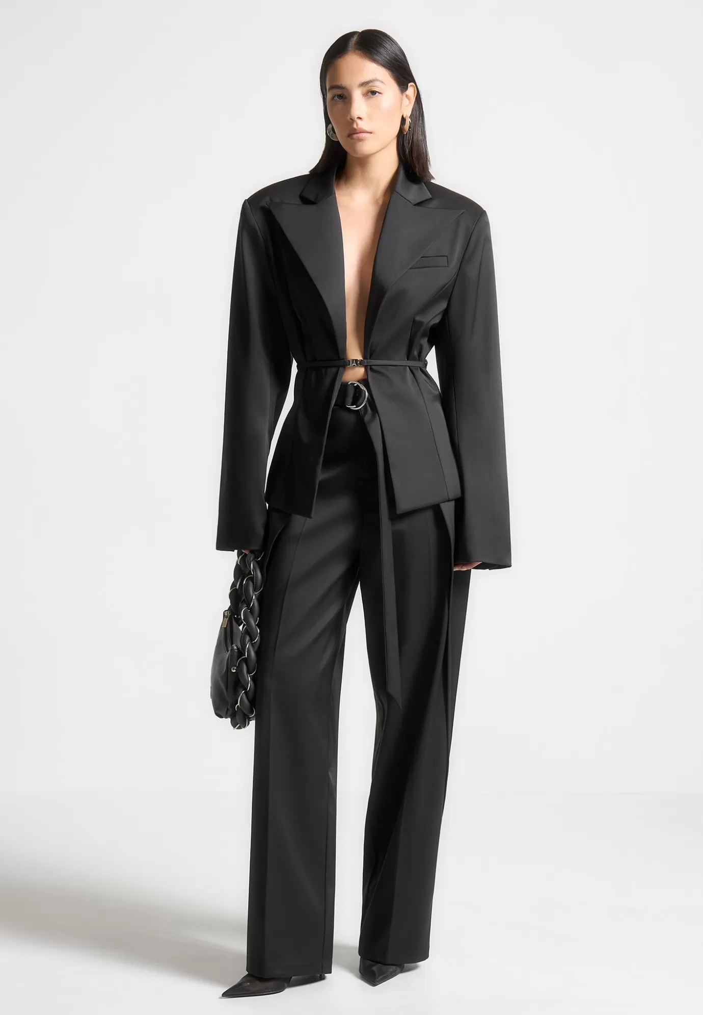 Store Wide Shoulder Sateen Blazer with Twin Belt - Suits