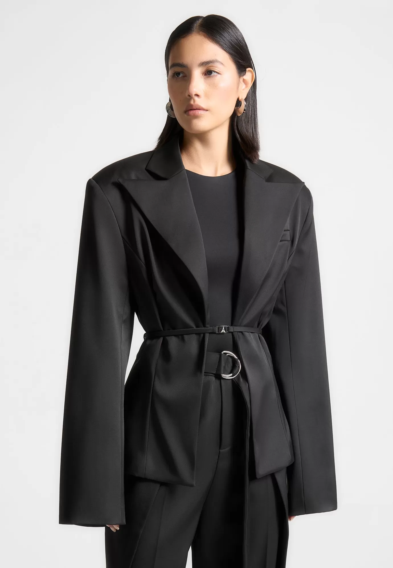 Store Wide Shoulder Sateen Blazer with Twin Belt - Suits