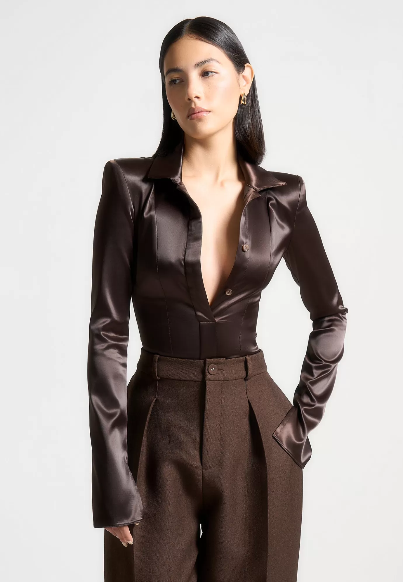 Shop Wide Shoulder Satin Shirt Bodysuit - Bodysuits