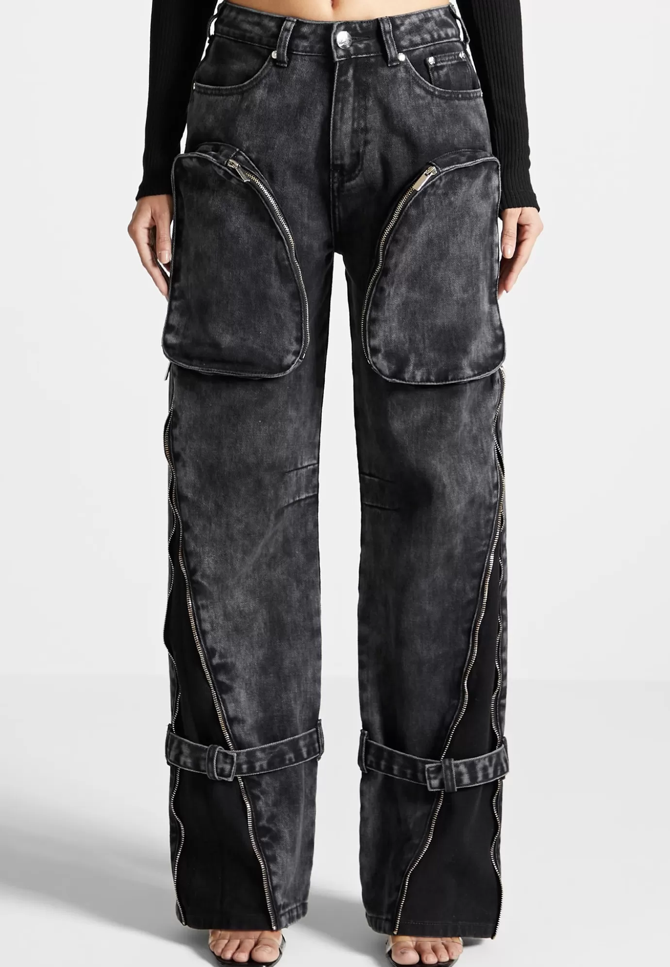 Discount Zip Detail Denim Cargo Pants - Washed Jeans